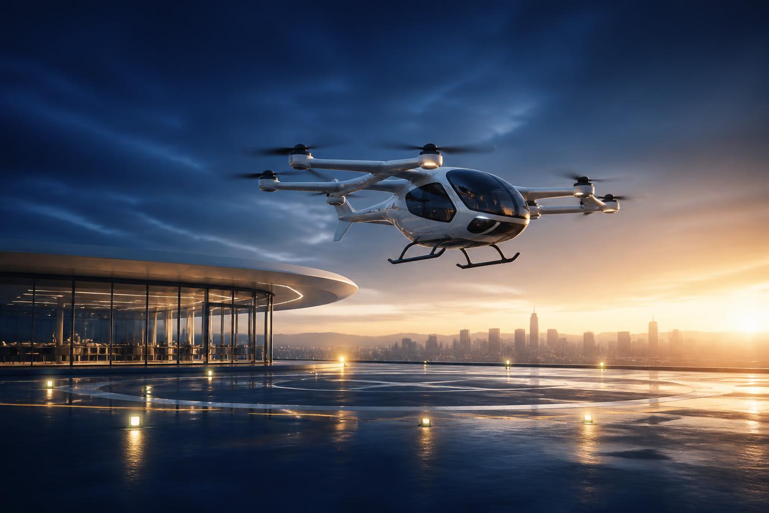 An eVTOL aircraft hovers above a futuristic vertiport at golden hour