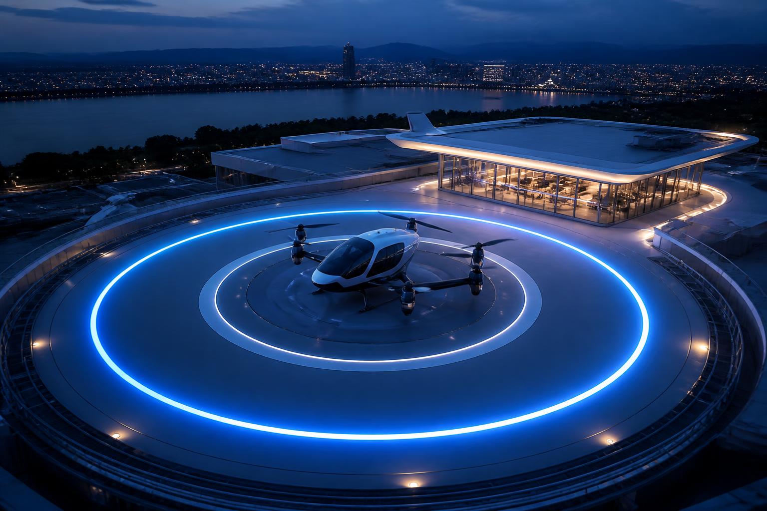 An eVTOL parked on an illuminated vertiport landing pad at night